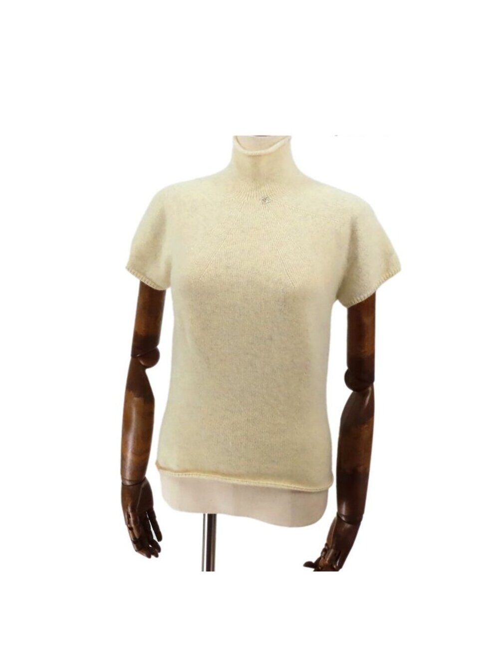 Chanel High Neck Knit Ivory Cashmere Short Sleeve CC Logo Top Sweater